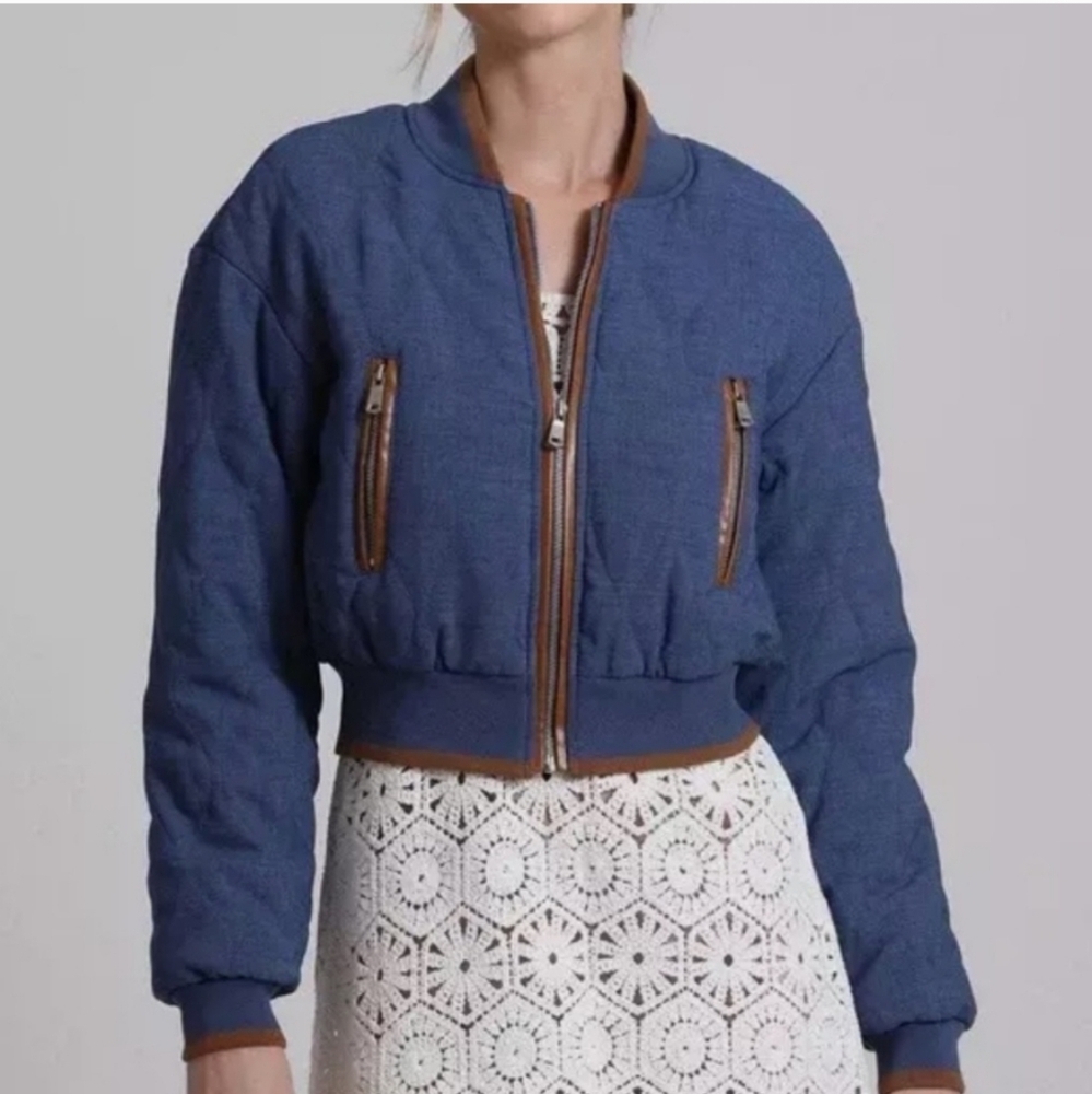 7 For All Mankind Blue Bomber Jacket with Brown Details